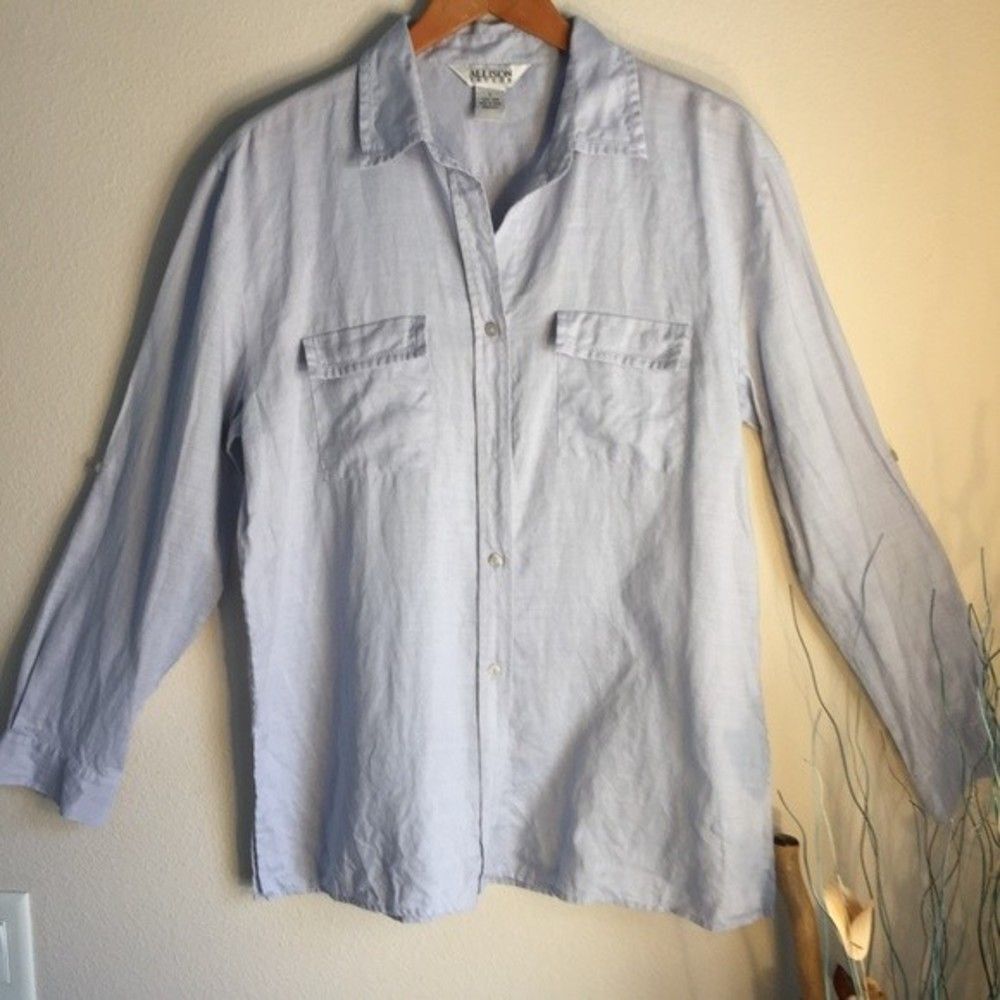 Allison Taylor Linen Shirt Light Blue Button Down Coastal Lagenlook L